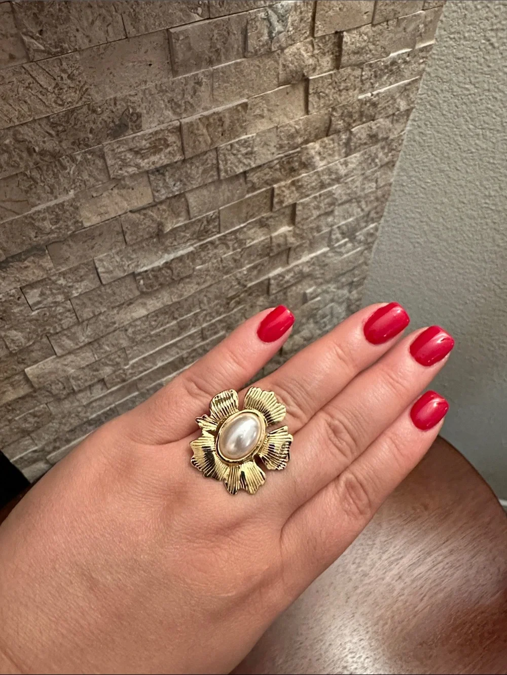 Gold Flower Pearl Center Statement Open Ring